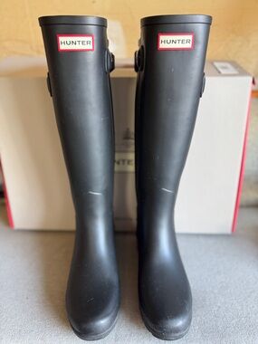 Hunter Matte Black Tall Rain Boots with Buckle Detail